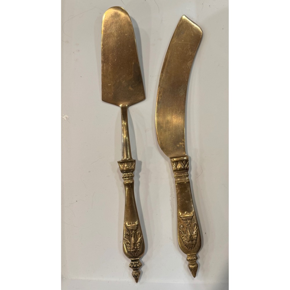 Vintage Brass Ganesha Cake Knife and Pie Server Set Ornate Embossed Handles